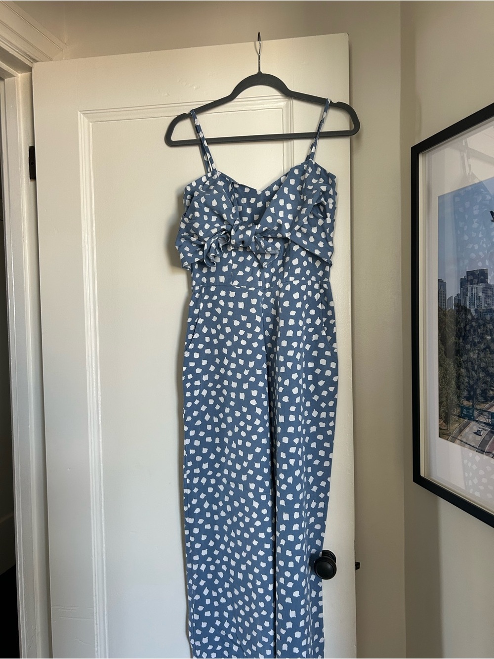 Anthropologie WHIT TWO Knotted Dot Blue Tie Front Jumpsuit